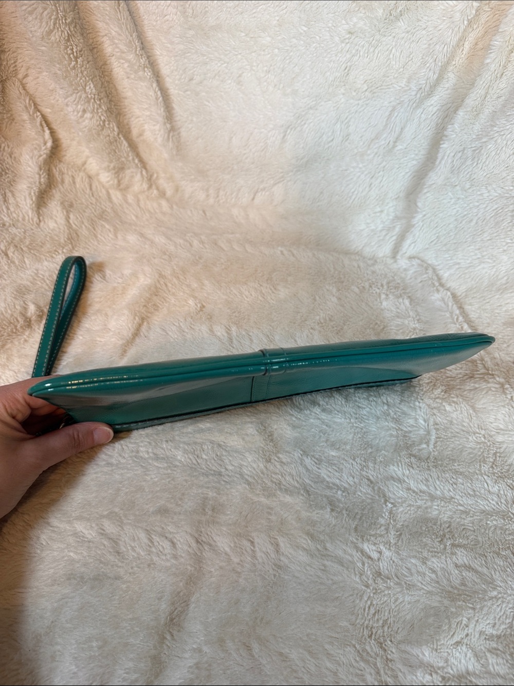 Coach Teal Green Patent Leather Slim Wristlet Zip Top Pouch Silver Hardware - Picture 8 of 8